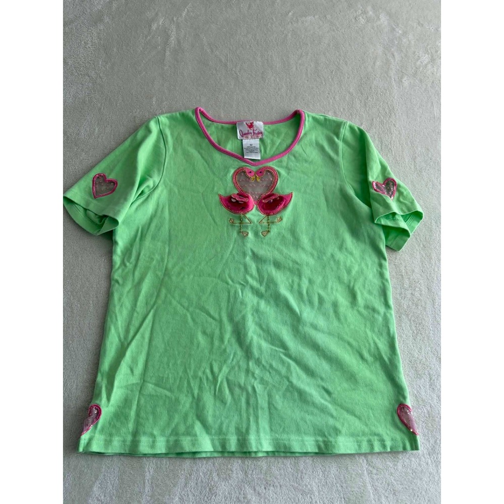 Quacker Factory Lime Green Flamingo Heart Sequin Short Sleeve Knit Top Womens M